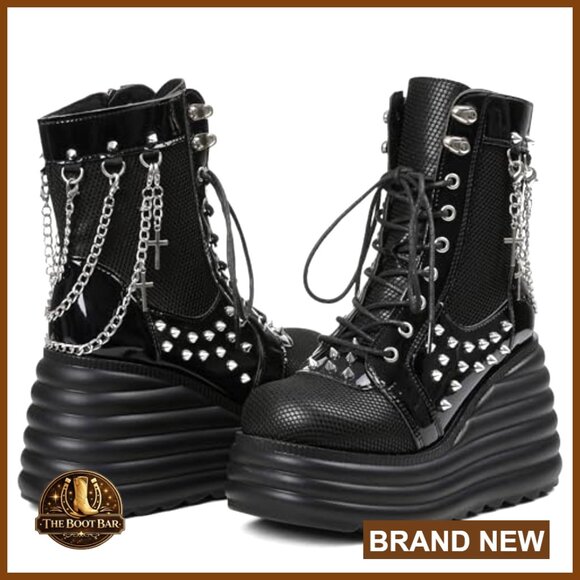 Platform Combat Boots with Chains & Studs, Lace Up & Zip Closure - Picture 4 of 7